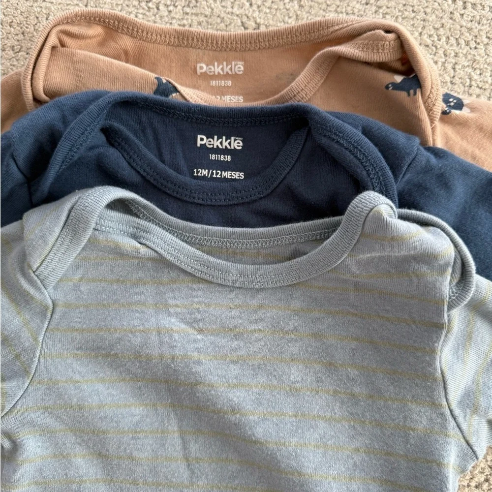 Pack of 3 Long Sleeve Baby Bodysuits - Blue, Gray, and Tan